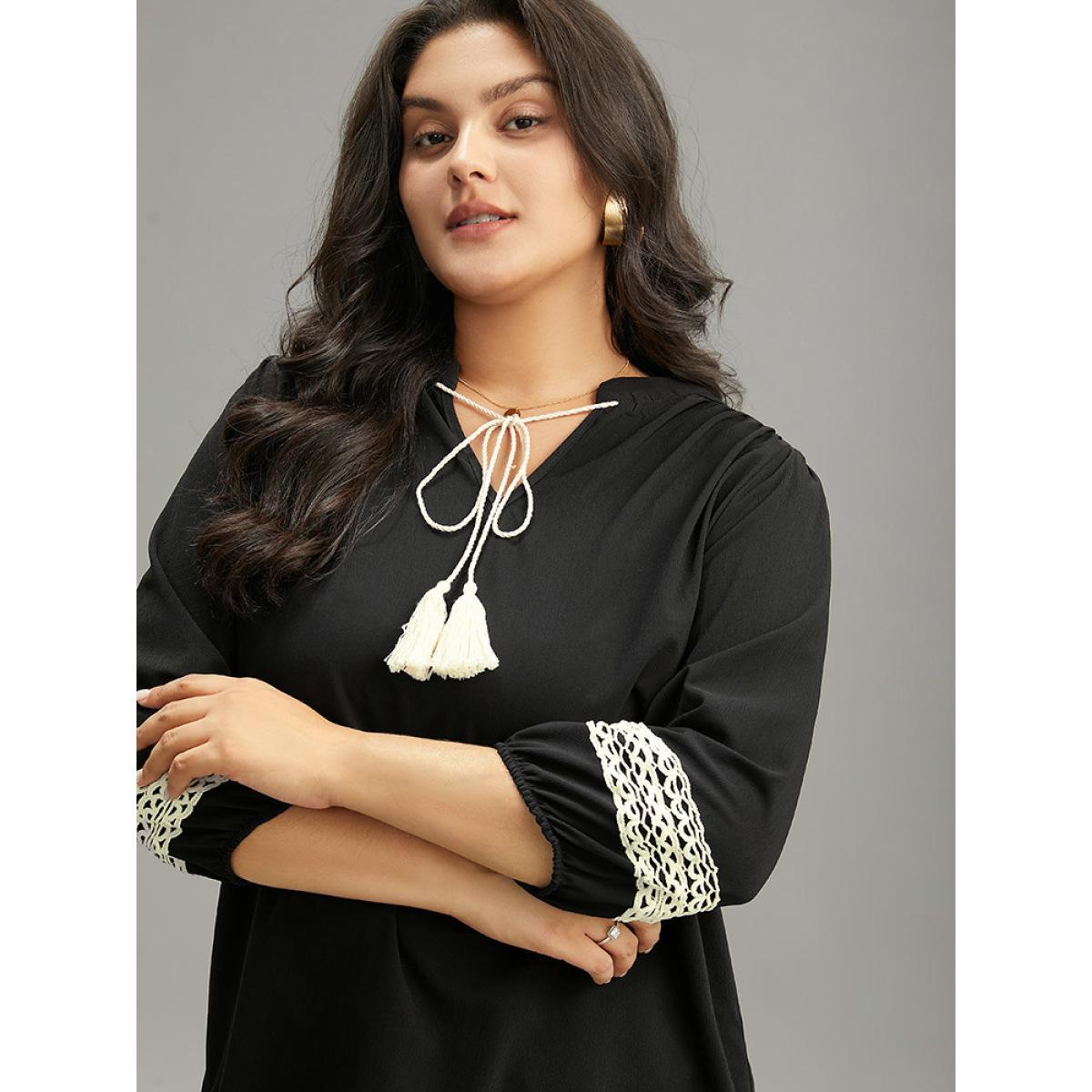 Plus Size Black Patchwork Tassel Trim Knot Lantern Sleeve Blouse Women Vacation Long Sleeve V-neck Dailywear Blouses BloomChic 26/4X Product Image