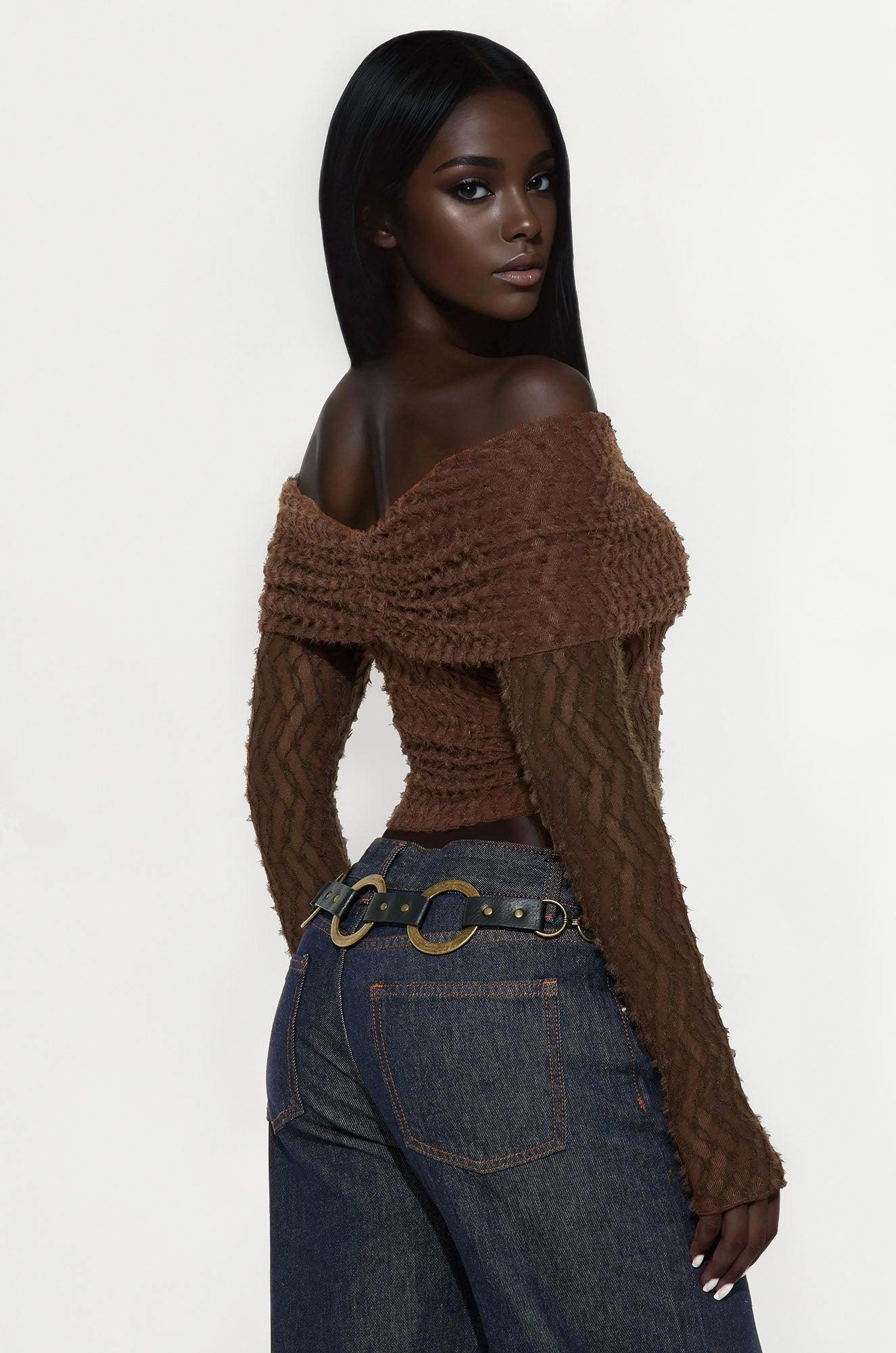 Minerva Off Shoulder Long Sleeve Top - Chocolate Product Image