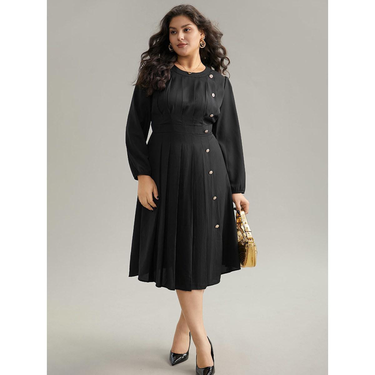 Plus Size Static-Free Metal Detail Plicated Detail Dress Black Women Office Elastic cuffs Round Neck Long Sleeve Curvy Midi Dress BloomChic 14-16/1X Product Image