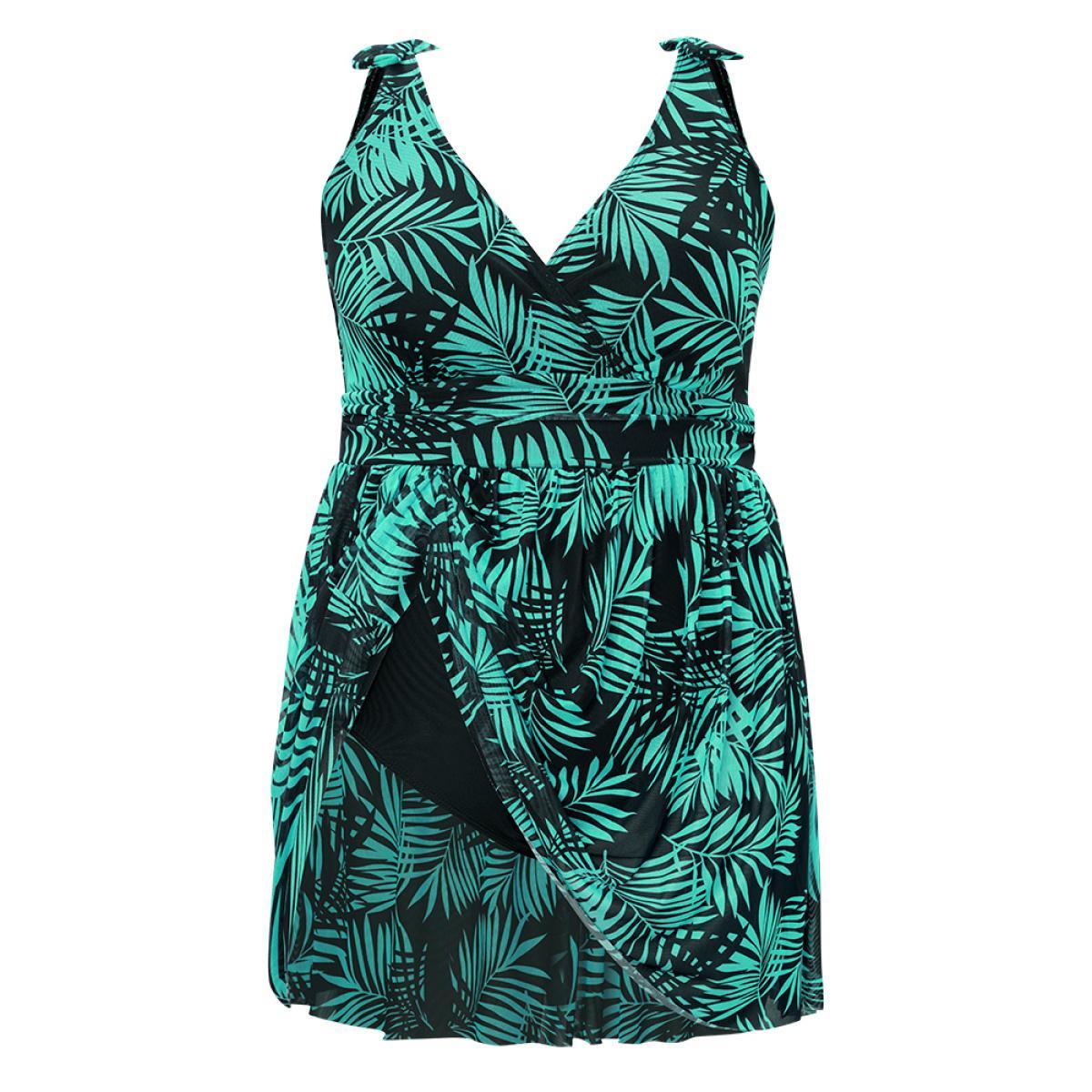 Plus Size Plant Print Bow Ruffle Split Hem Swim Dress Women's Swimwear Emerald Vacation Bodycon V-neck High stretch Curve Swim Dresses BloomChic 18-20/2X Product Image