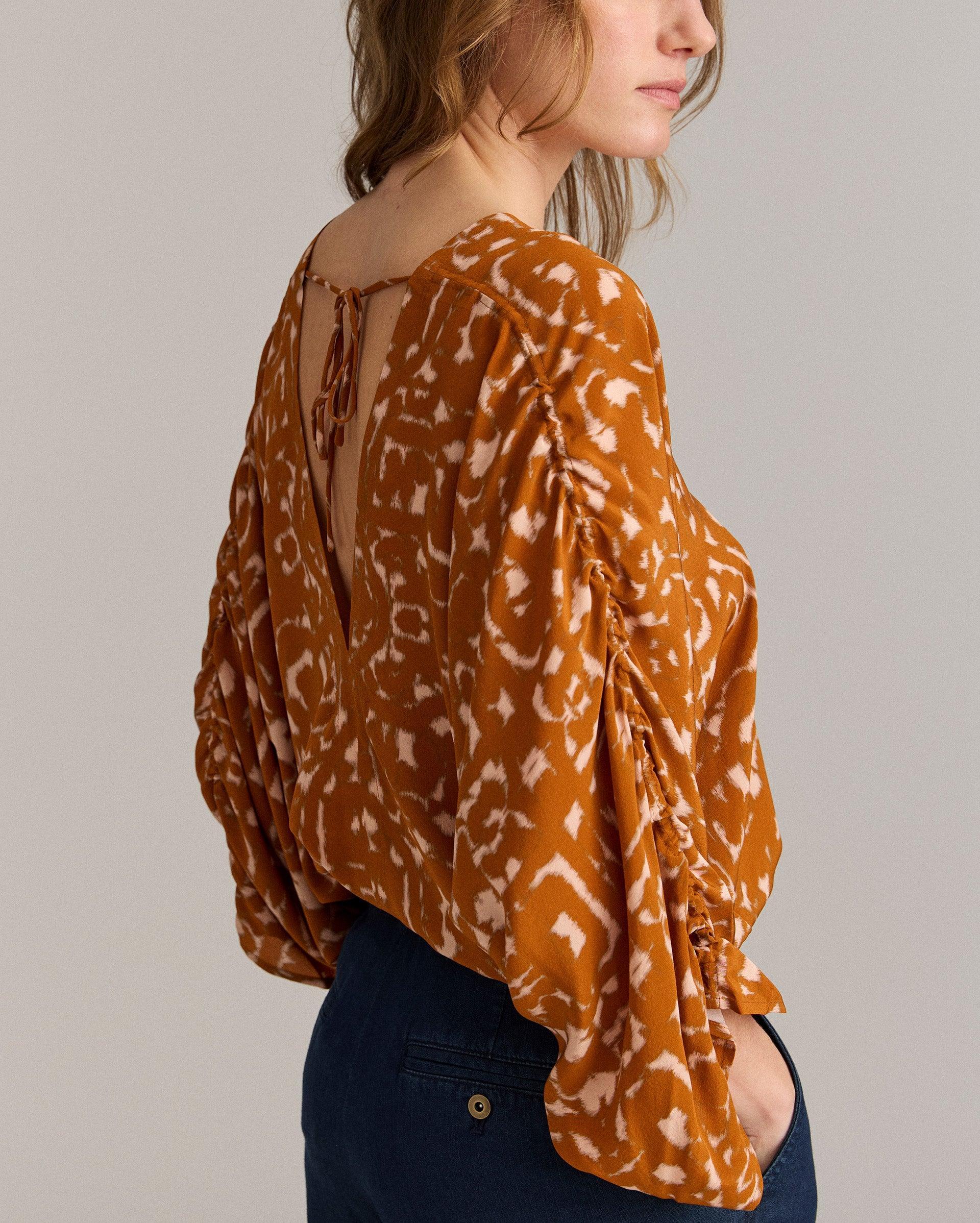 Moroccan Screen Silk Ruched Blouse -  Product Image