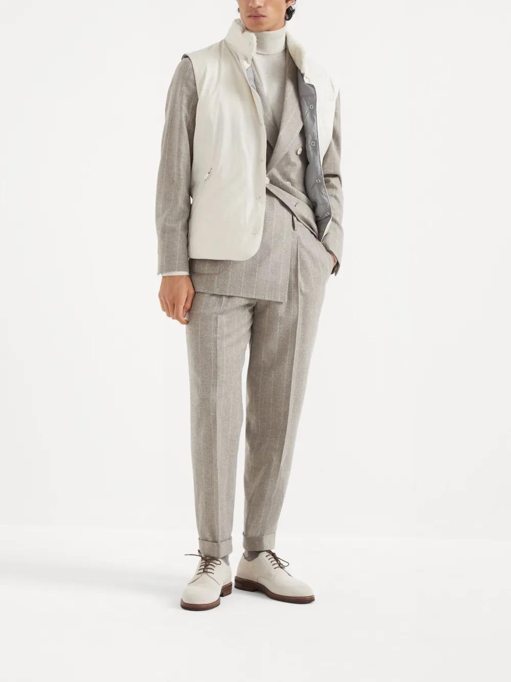 BRUNELLO CUCINELLI Wool And Cashmere Wide Chalk Stripe Combed Flannel One-and-a-half Breasted Decons In Stone Grey Product Image