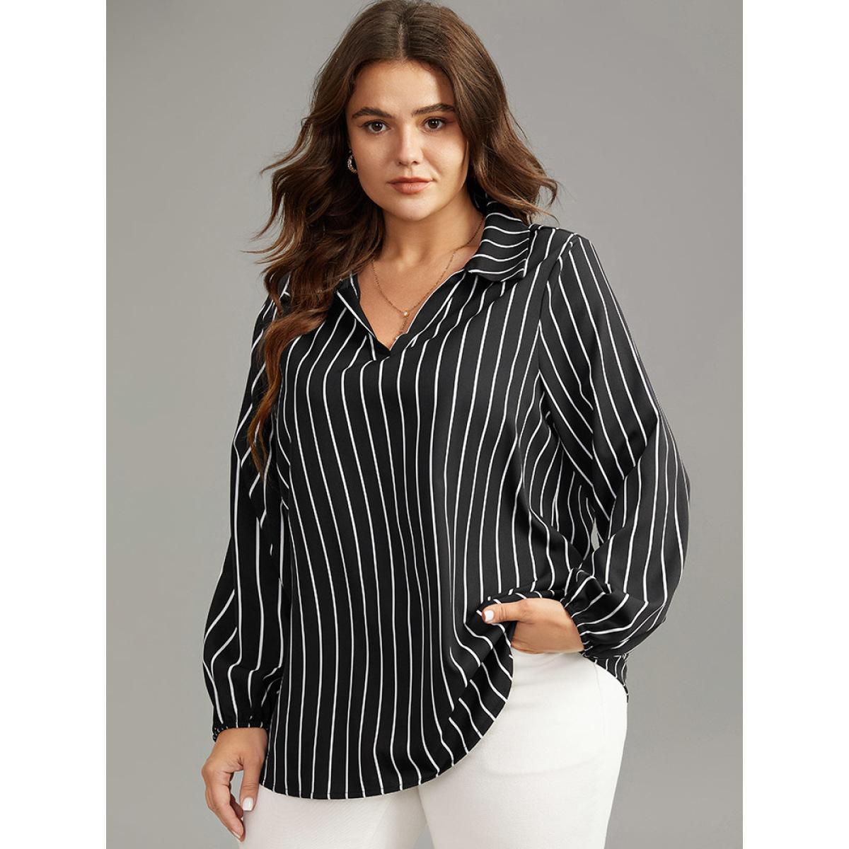 Plus Size Black Striped Shirt Collar Lantern Sleeve Blouse Women Office Long Sleeve Shirt collar Work Blouses BloomChic 28/5X Product Image