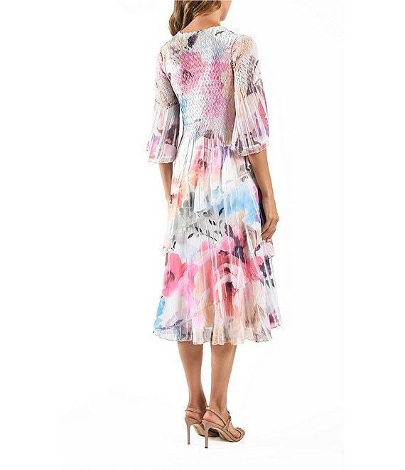Komarov Scoop Neck Tulip Sleeve Watercolor Rose Mixed Media A-line Midi Dress Product Image