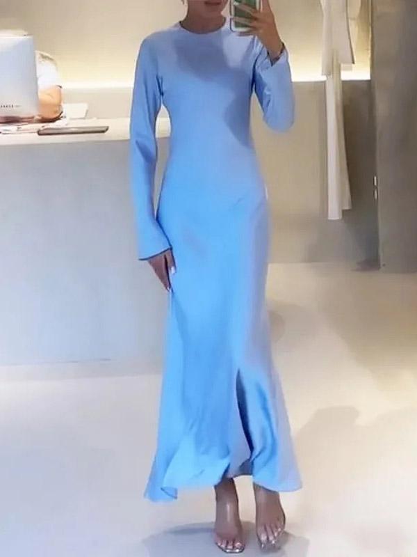 A-Line High Waisted Solid Color Round-Neck Maxi Dresses Product Image