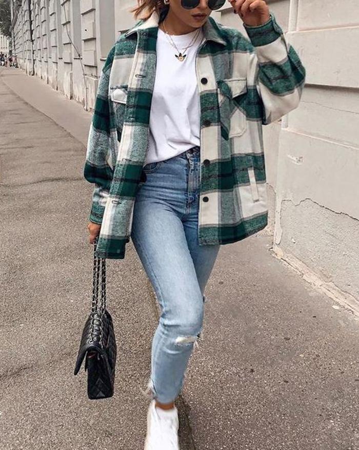 Shacket Vintage Pockets Over-sized Plaid Jacket Product Image