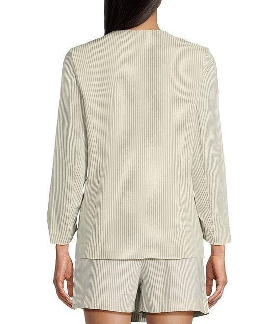 Takara Striped Notch Collar 3/4 Sleeve Shirred Blazer Jacket Product Image