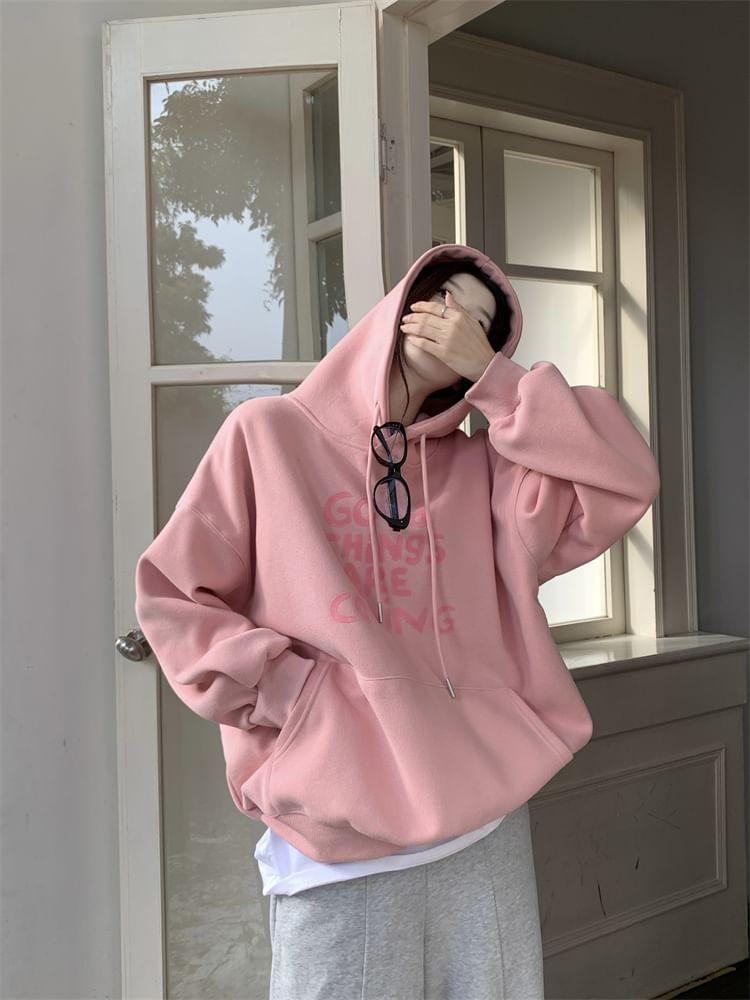 Lettering Print Drawstring Hoodie / High Waist Plain Velvet Maxi A-Line Skirt Product Image