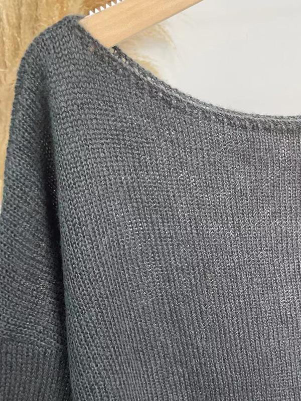 Long Sleeves Loose See-Through Solid Color Split-Joint Round-Neck Sweater Tops Product Image