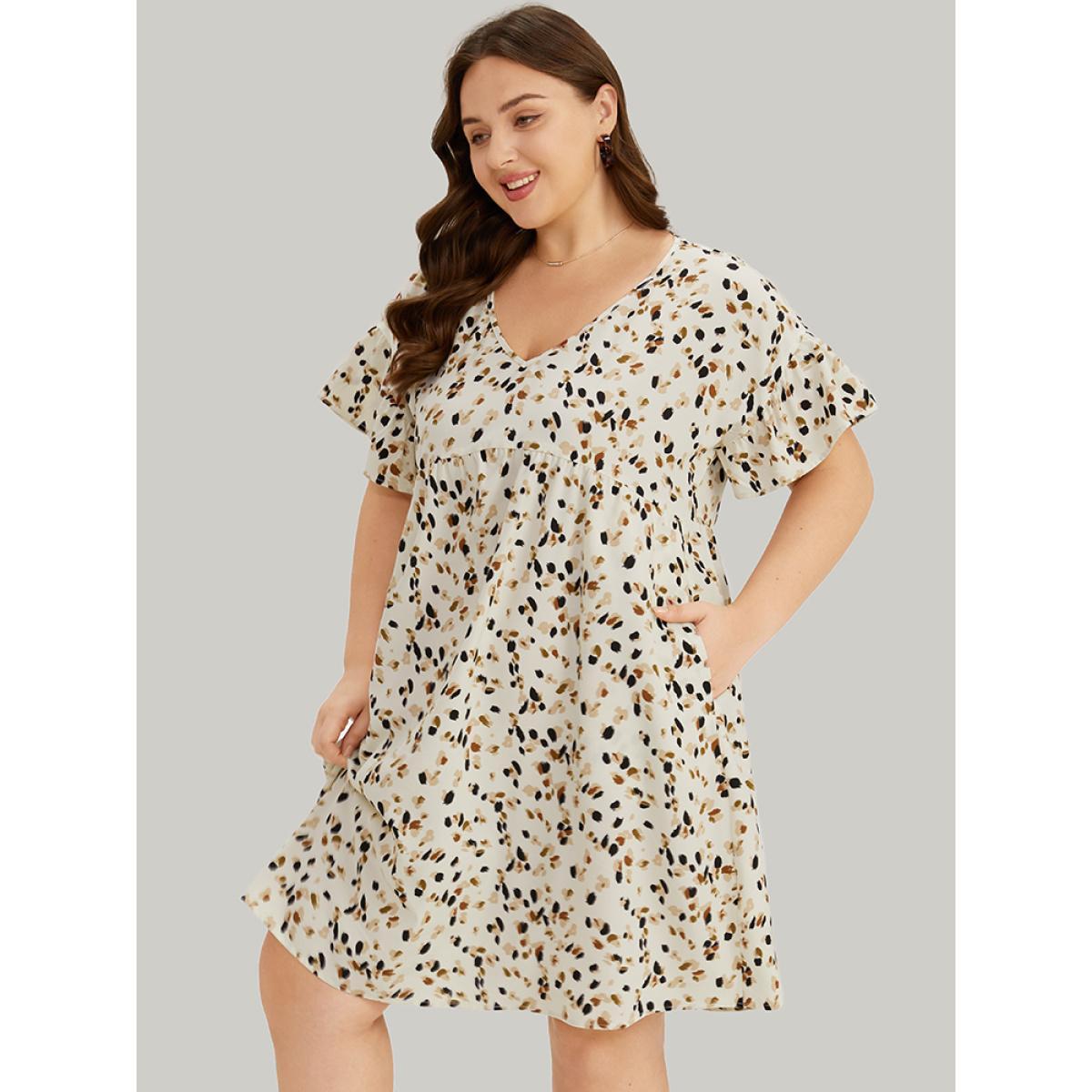 Plus Size Allover Print Pocket V Neck Ruffle Sleeve Dress Leopard Women Elegant Ruffles V-neck Short sleeve Curvy Knee Dress BloomChic 10/M Product Image