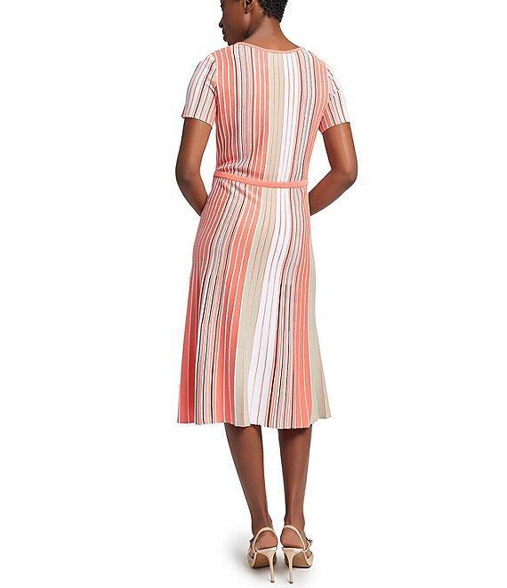Ming Wang Knit Multi-Stripe Round Neck Short Sleeve Fit-And-Flare Dress Product Image