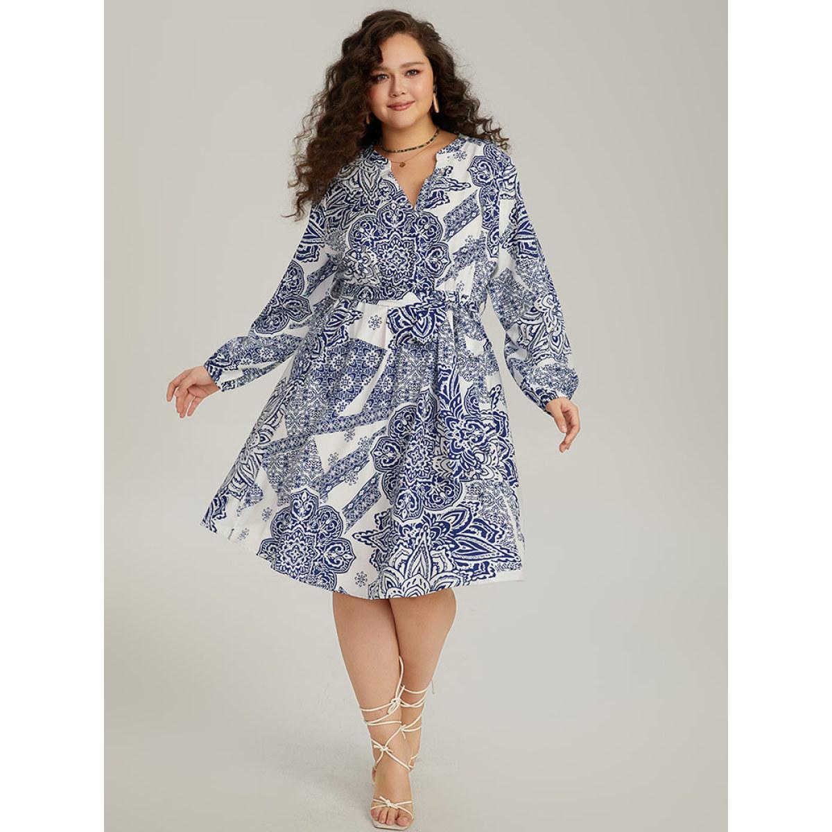 Plus Size Bandana Print Notched Belted Dress Blue Women Vacation Elastic cuffs Notched collar Long Sleeve Curvy Midi Dress BloomChic 30/6X Product Image