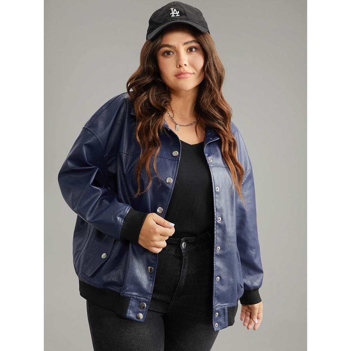 Plus Size PU Patchwork Pocket Button Through Jacket Women Indigo Elastic cuffs Dailywear Jackets BloomChic 12/L Product Image