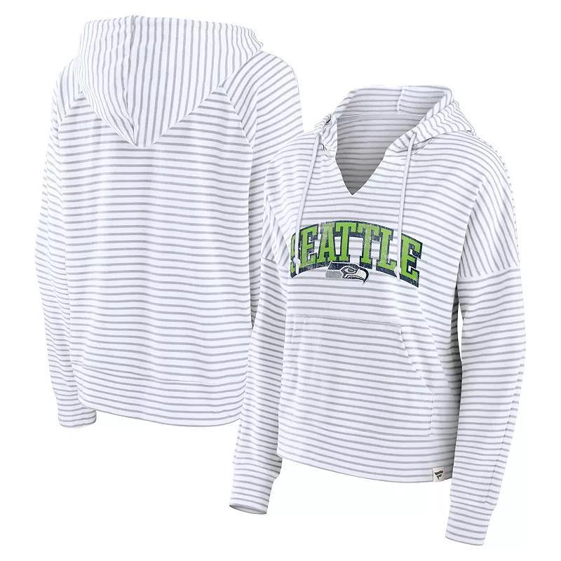 Women's Fanatics White/Gray Seattle Seahawks Striped Notch Neck Pullover Hoodie, Size: Large Product Image