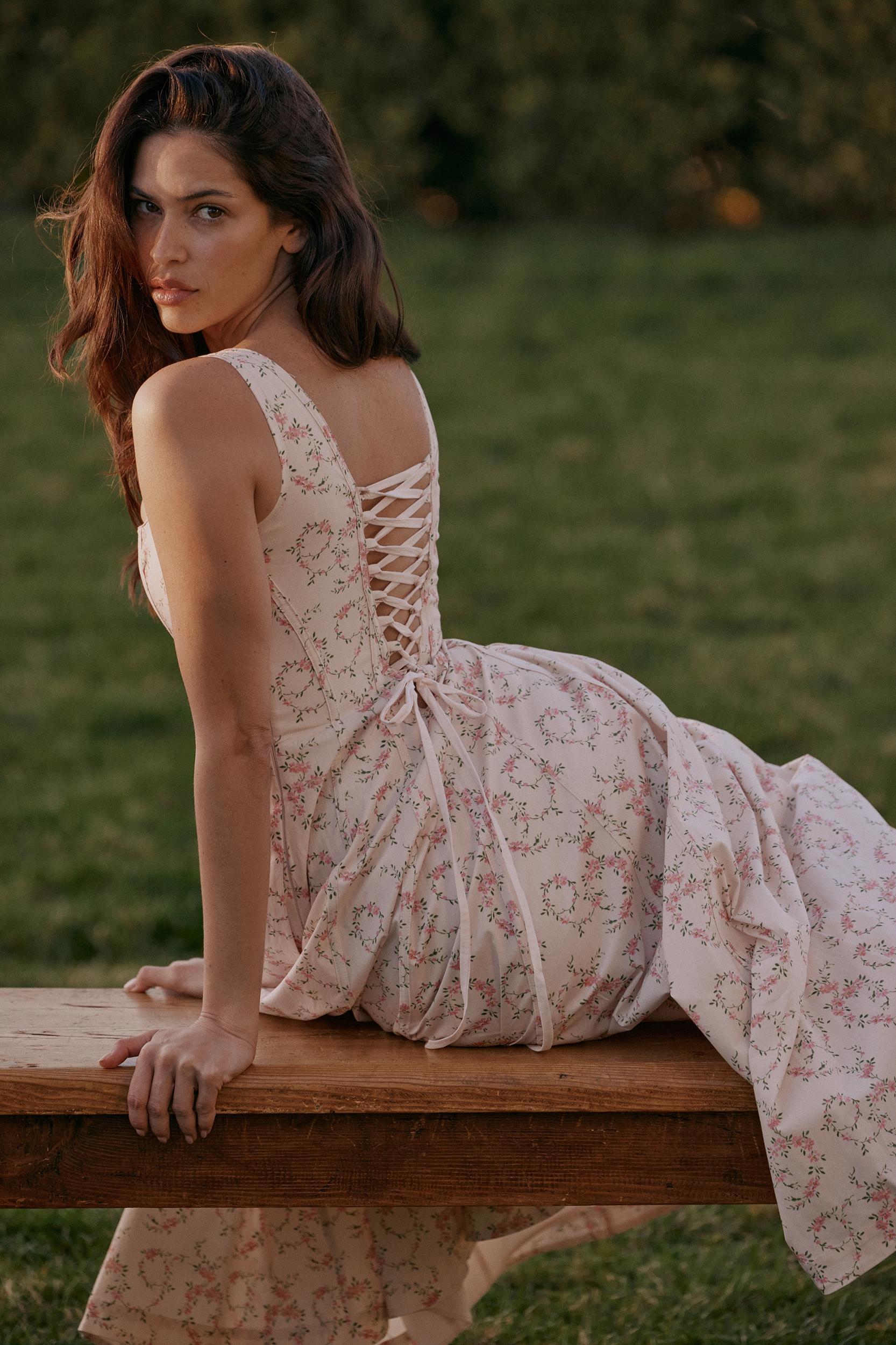 Mariabella  cream floral print cotton midi sun dress Product Image