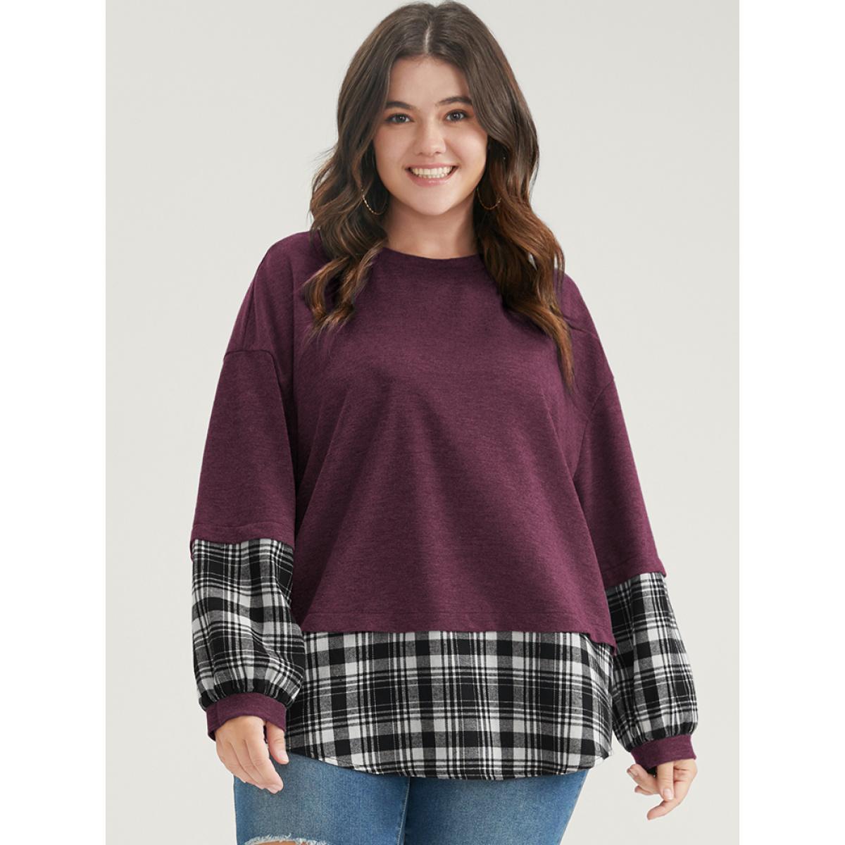 Plus Size Plaid Patchwork Round Neck Arc Hem Sweatshirt Women Burgundy Casual Contrast Round Neck Dailywear Sweatshirts BloomChic 28/5X Product Image