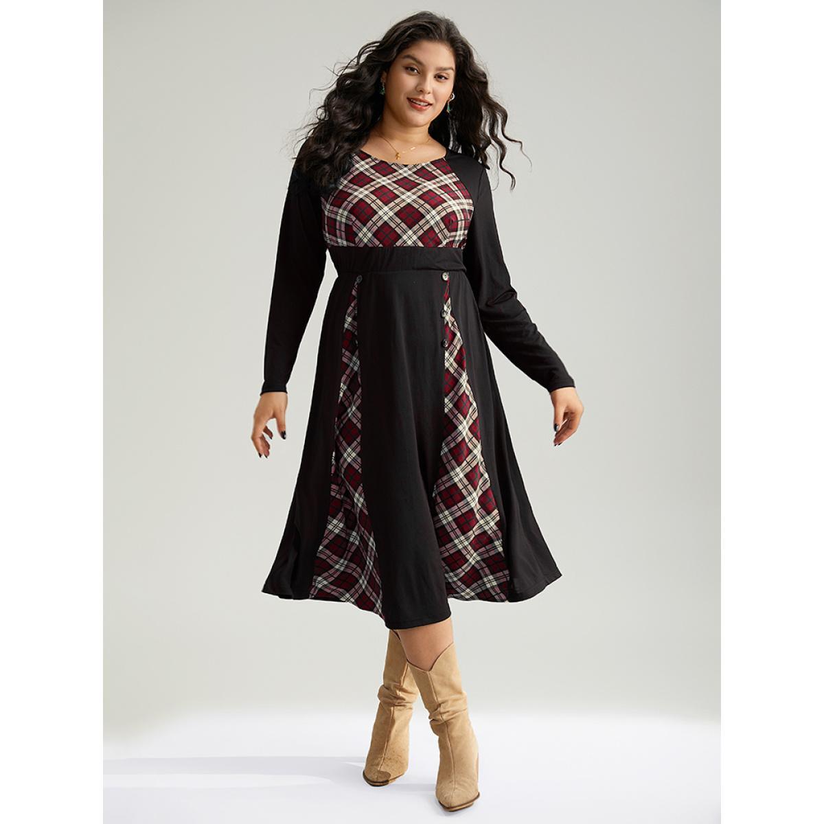 Plus Size Christmas Plaid Patchwork Button Detail Dress Scarlet Women Elegant Printed Round Neck Long Sleeve Curvy Midi Dress BloomChic 26/4X Product Image