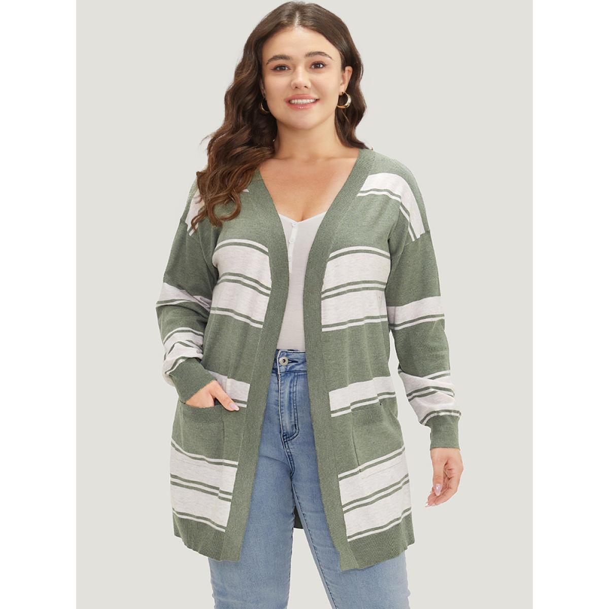 Plus Size Striped Patchwork Open Front Pocket Cardigan Green Women Casual Long Sleeve Everyday Cardigans BloomChic 14-16/1X Product Image