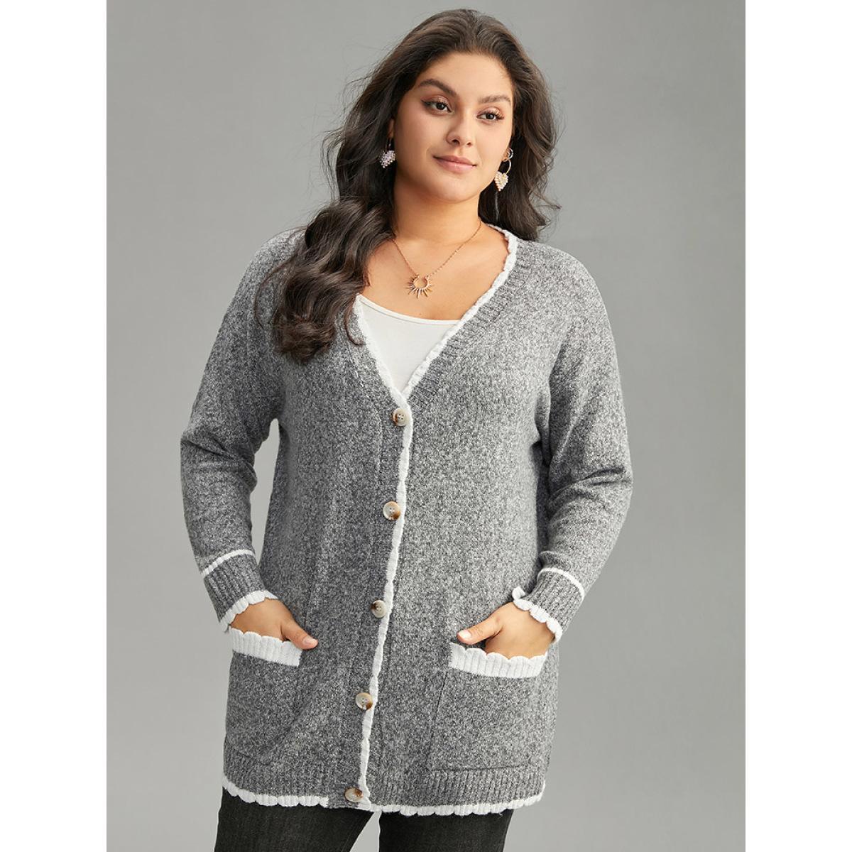 Plus Size Heather Contrast Pocket Button Through Cardigan Gray Women Casual Loose Long Sleeve Dailywear Cardigans BloomChic 26/4X Product Image