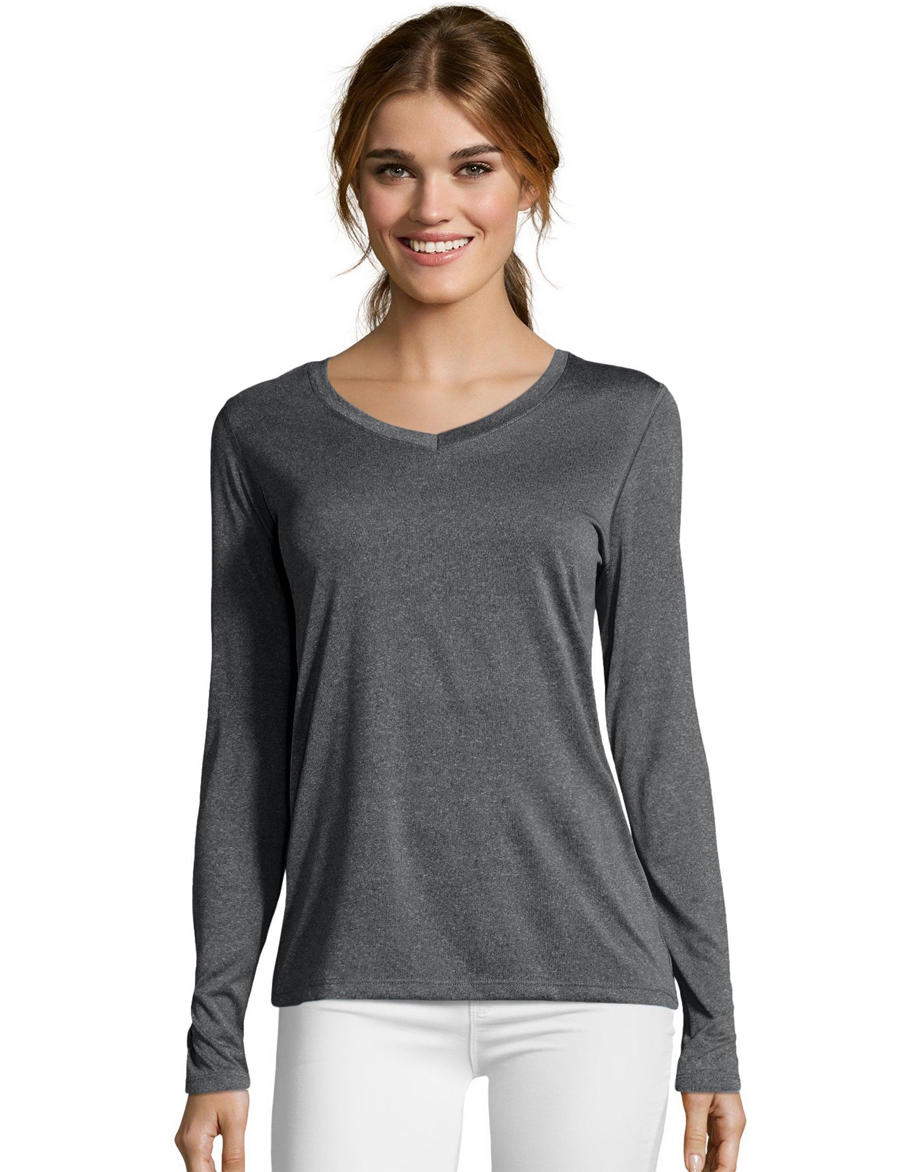 Women's Hanes® Cool Dri Long-Sleeve Performance V-Neck Tee, Size: XXL, Fresh Berry Grey Product Image