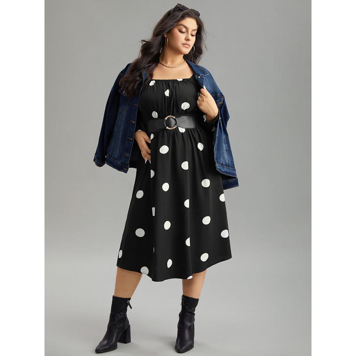 Plus Size Polka Dot Square Neck Gathered Elastic Cuffs Dress Black Women Elegant Elastic cuffs Square Neck Long Sleeve Curvy Midi Dress BloomChic 12/L Product Image
