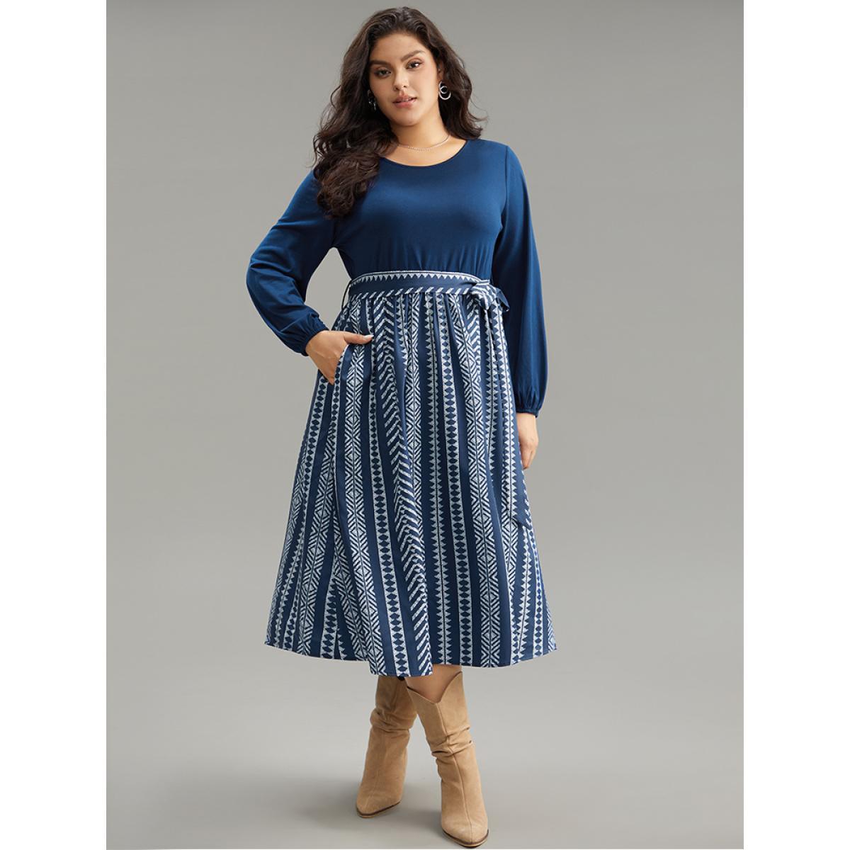 Plus Size Bandana Striped Patchwork Pocket Belted Dress Indigo Women Vacation Belted Round Neck Long Sleeve Curvy Midi Dress BloomChic 12/L Product Image