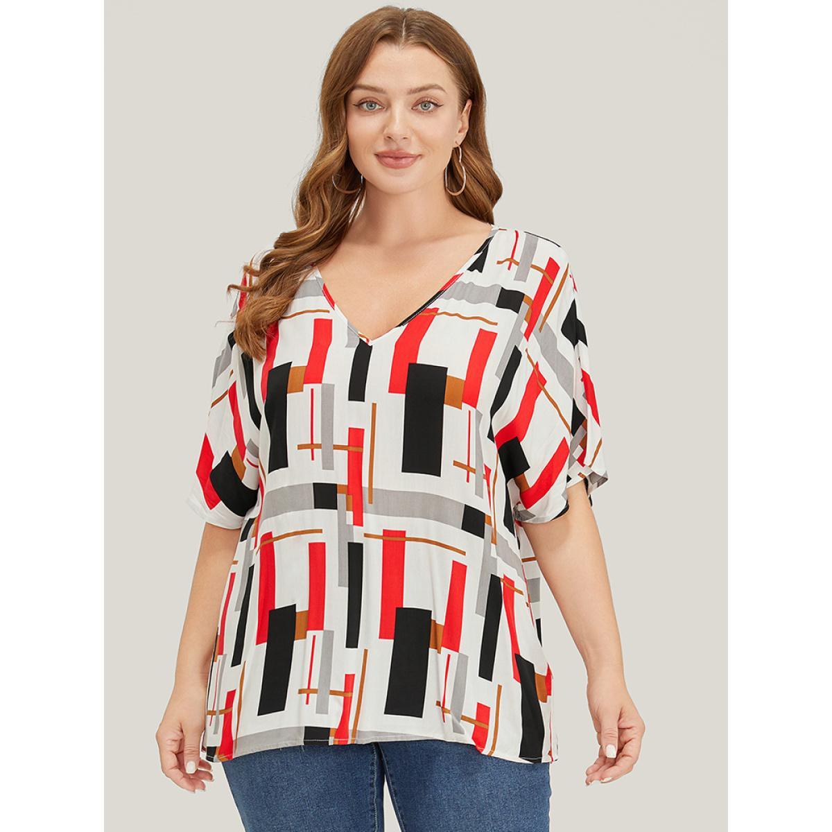 Plus Size Multicolor Geometric Contrast Dolman Sleeve Blouse Women Casual Short sleeve V-neck Dailywear Blouses BloomChic 30/6X Product Image
