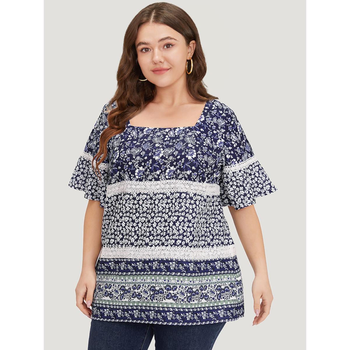 Plus Size Indigo Ditsy Floral Patchwork Square Neck Flutter Sleeve Blouse Women Elegant Half Sleeve Square Neck Dailywear Blouses BloomChic 18-20/2X Product Image