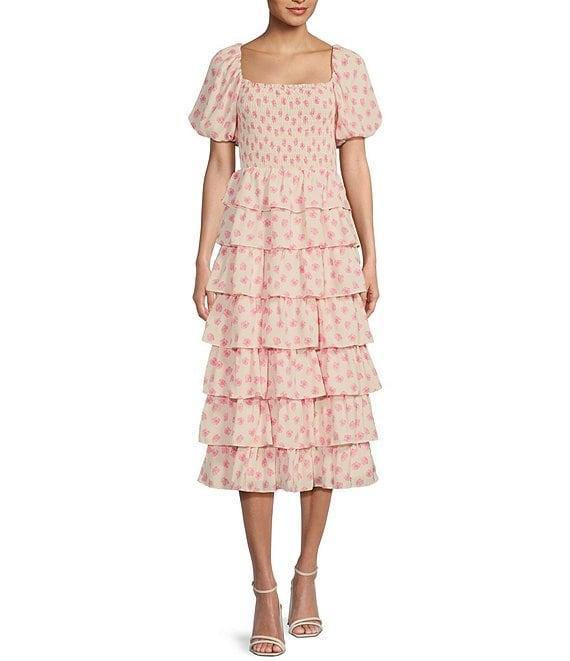 Midnight Doll Puff Short Sleeve Tiered Ruffle Dress Product Image