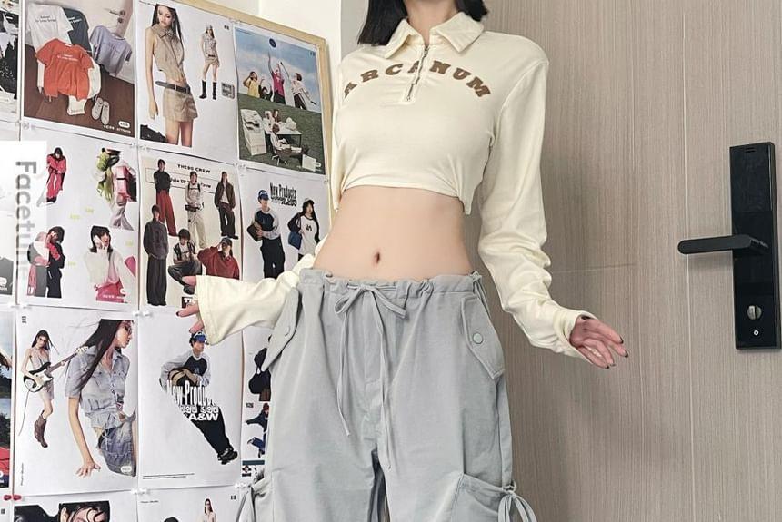 Drawstring Mid Rise Plain Baggy Cargo Pants Product Image