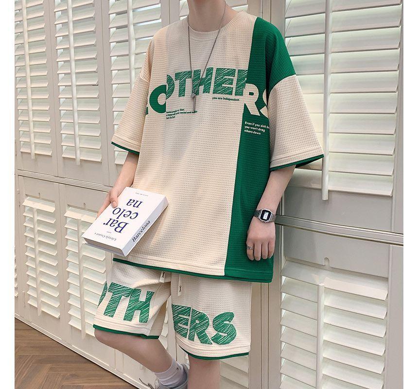 Set: Elbow-Sleeve Crew Neck Lettering Oversized T-Shirt + Mid Rise Shorts Product Image