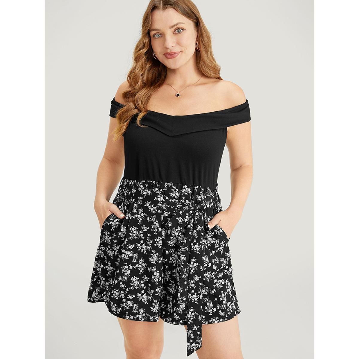 Plus Size Black Ditsy Floral Patchwork Pocket Belted Off Shoulder Romper Women Elegant Sleeveless One-shoulder neck Dailywear Loose Jumpsuits BloomChic 14-16/1X Product Image