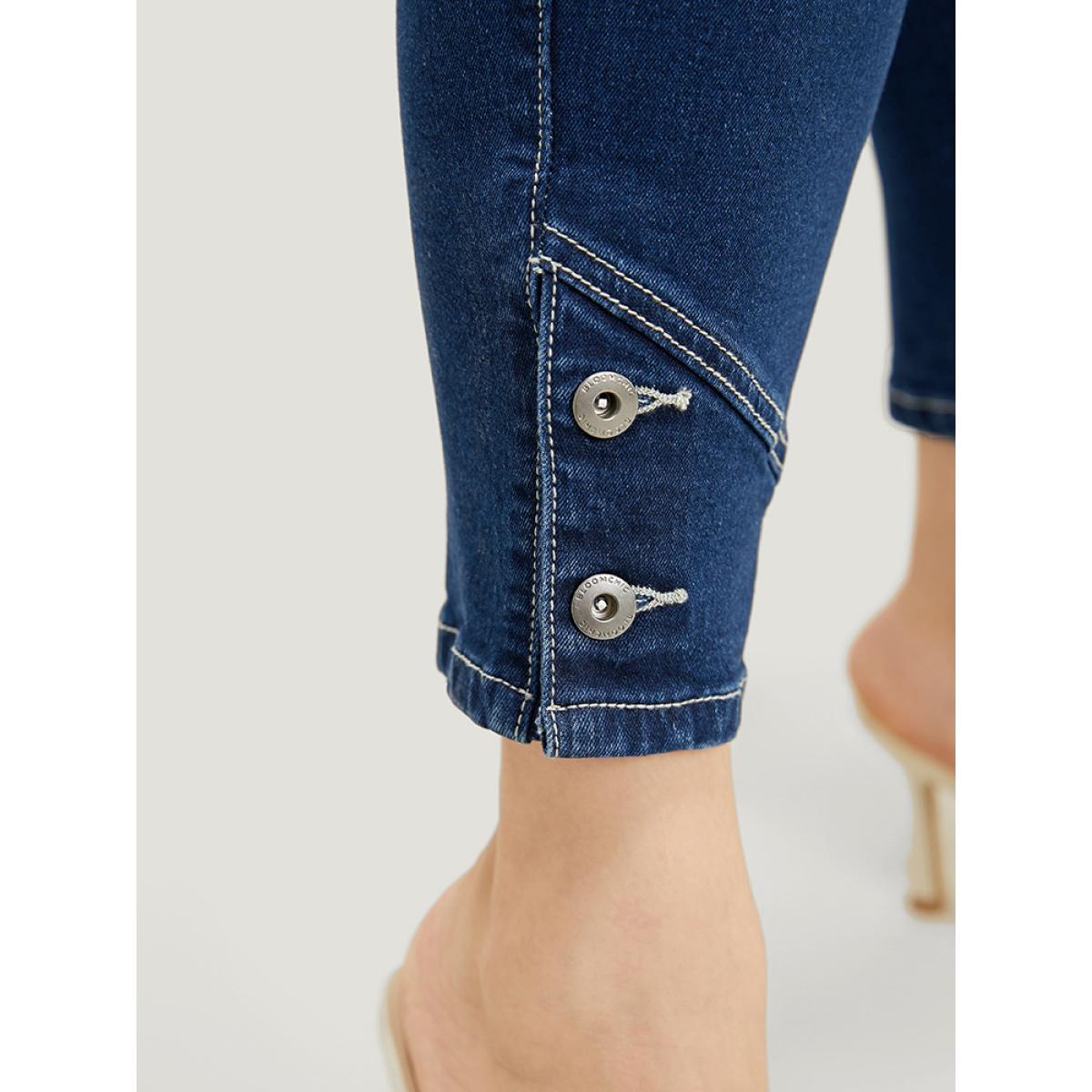 Plus Size Very Stretchy High Rise Dark Wash Button Hem Jeans Women Indigo Casual Plain Button High stretch Jeans BloomChic 28/5X Product Image