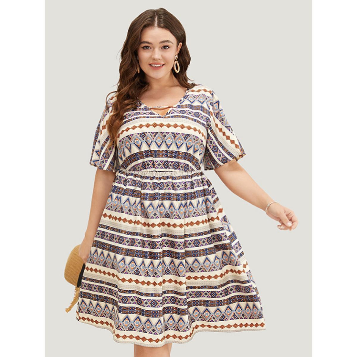 Plus Size Bandana Print Pocket Ruffle Keyhole Knee Dress Multicolor Women Vacation Keyhole V-neck Short sleeve Curvy Knee Dress BloomChic 10/M Product Image