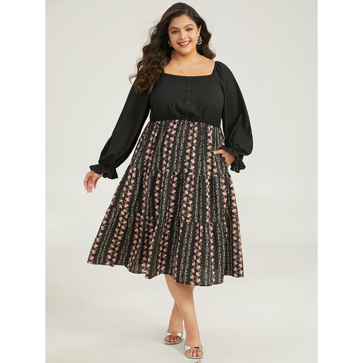 Plus Size Floral Ruffle Layered Hem Square Neck Dress Black Women Office Elastic cuffs Square Neck Long Sleeve Curvy Midi Dress BloomChic 22-24/3X Product Image