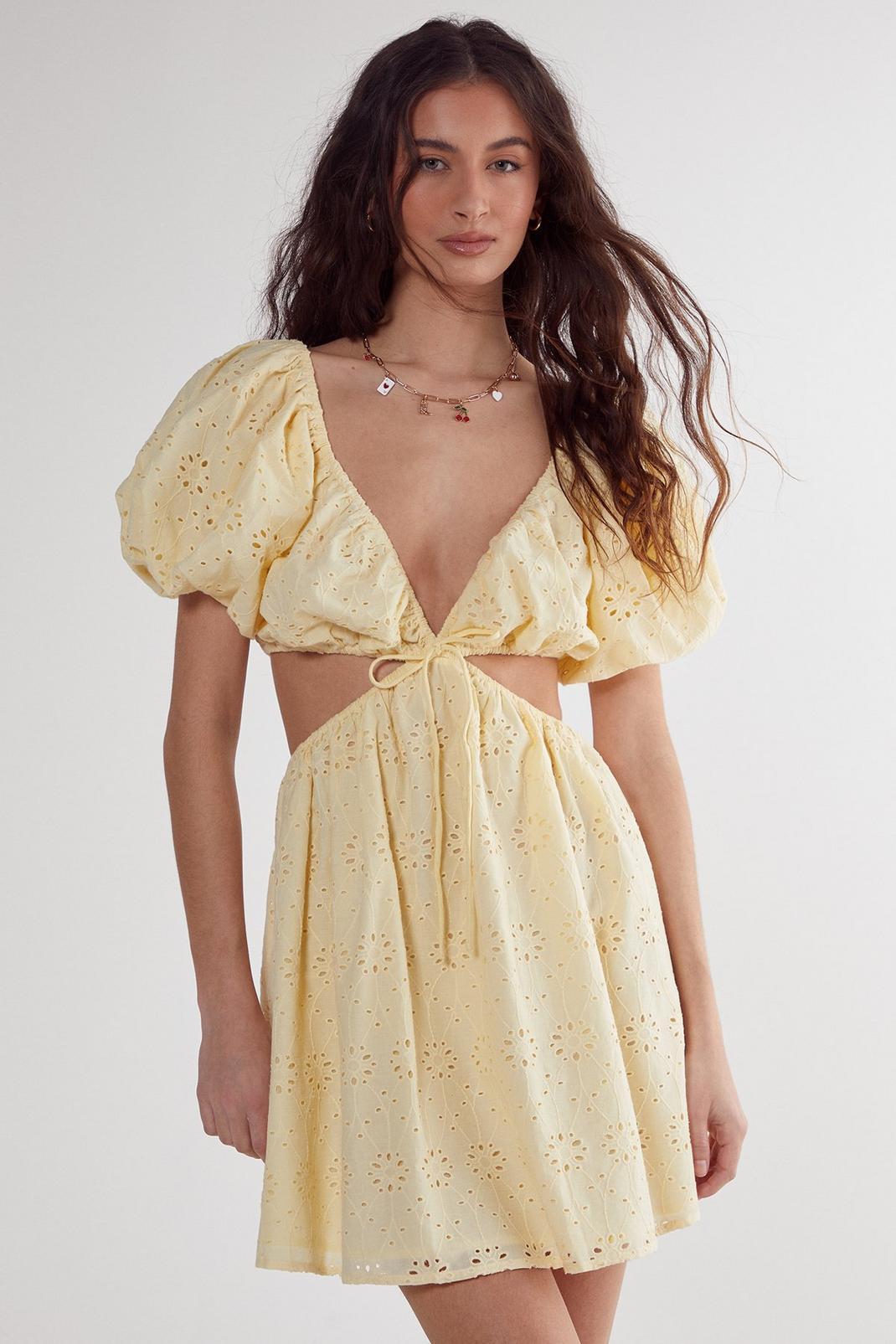 Broderie Cut Out Tie Front Puff Sleeve Skater Dress Product Image