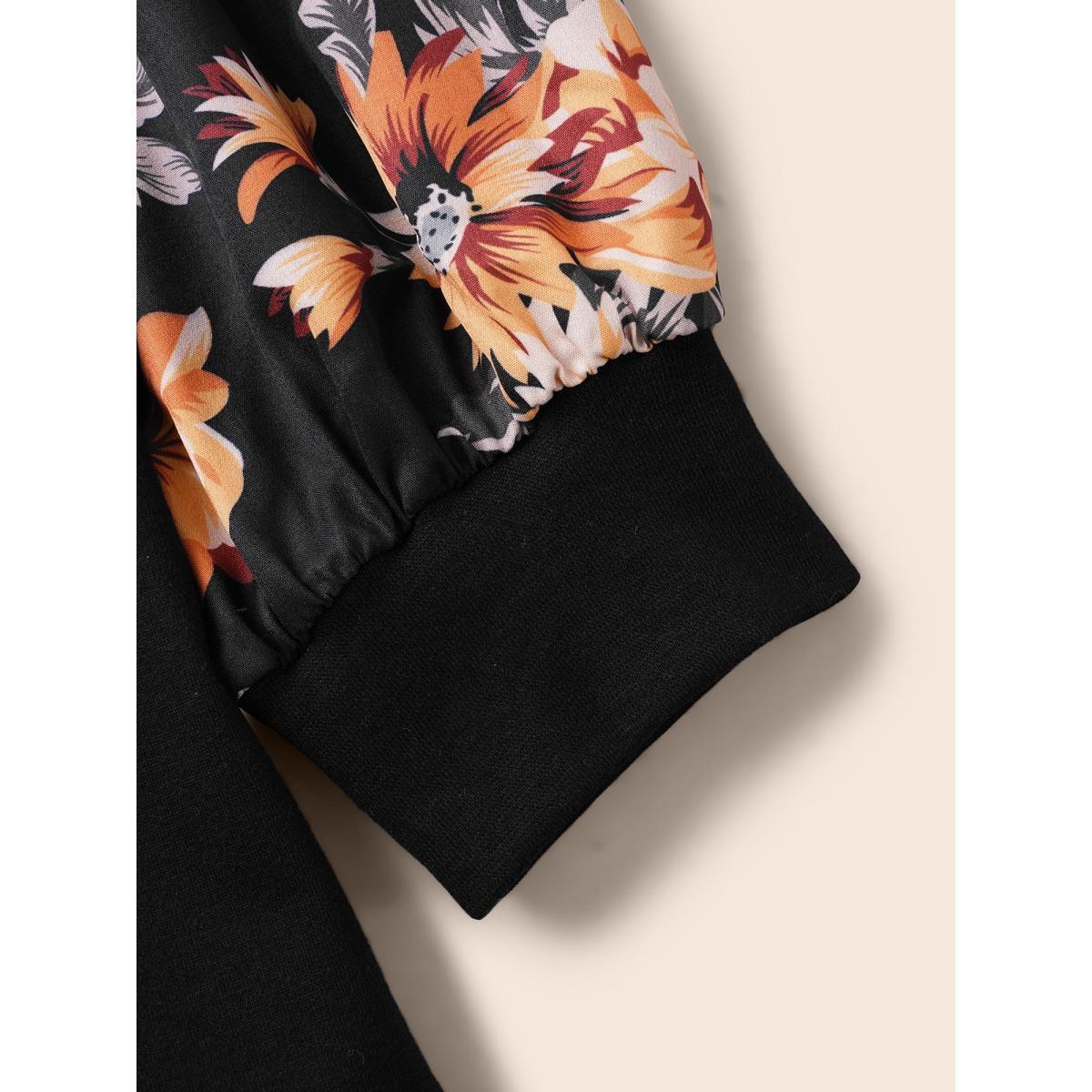 Plus Size Halloween Floral Patchwork Print Raglan Sleeve Sweatshirt Women Black Casual Elastic cuffs Round Neck Festival-Halloween Sweatshirts BloomChic 14-16/1X Product Image