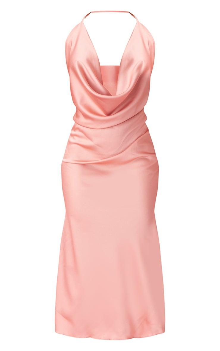  Rose Satin Extreme Cowl Halter Maxi Dress Product Image
