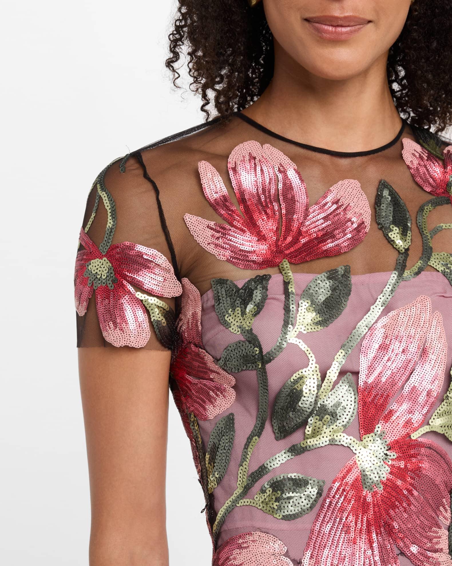 Floral Matte Sequined Tulle Cap-Sleeve Cocktail Dress Product Image