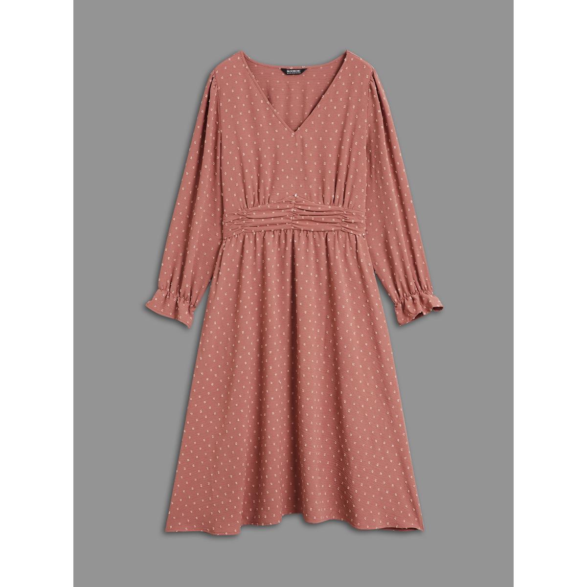 Plus Size Solid Texture Ruffles Shirred Gathered Dress DustyPink Women Elegant Texture V-neck Long Sleeve Curvy BloomChic 14-16/1X Product Image