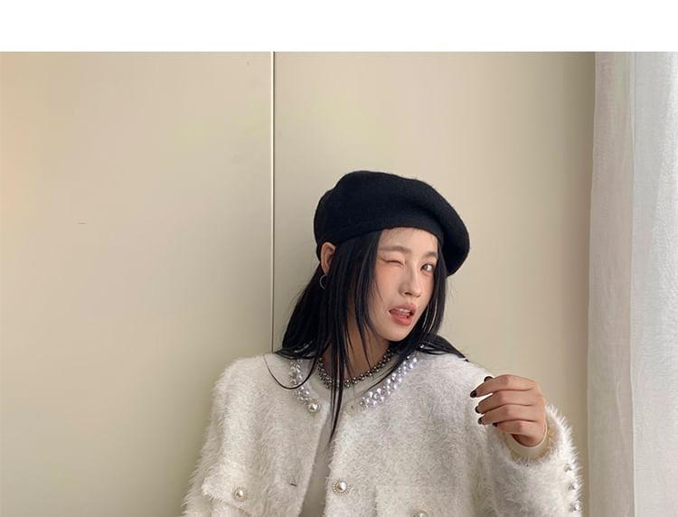Round Neck Plain Beaded Faux Pearl Button Jacket Product Image