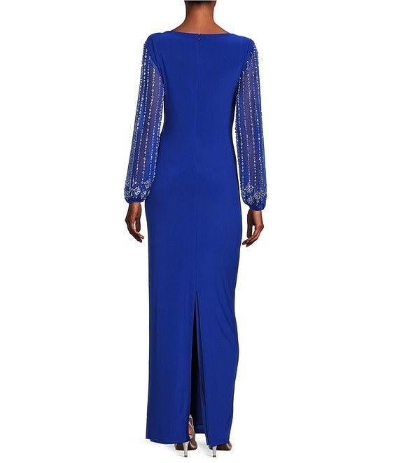 Marina Boat Neck Long Beaded Elastic Cuff Sleeve Matte Jersey Back Slit Sheath Gown Product Image