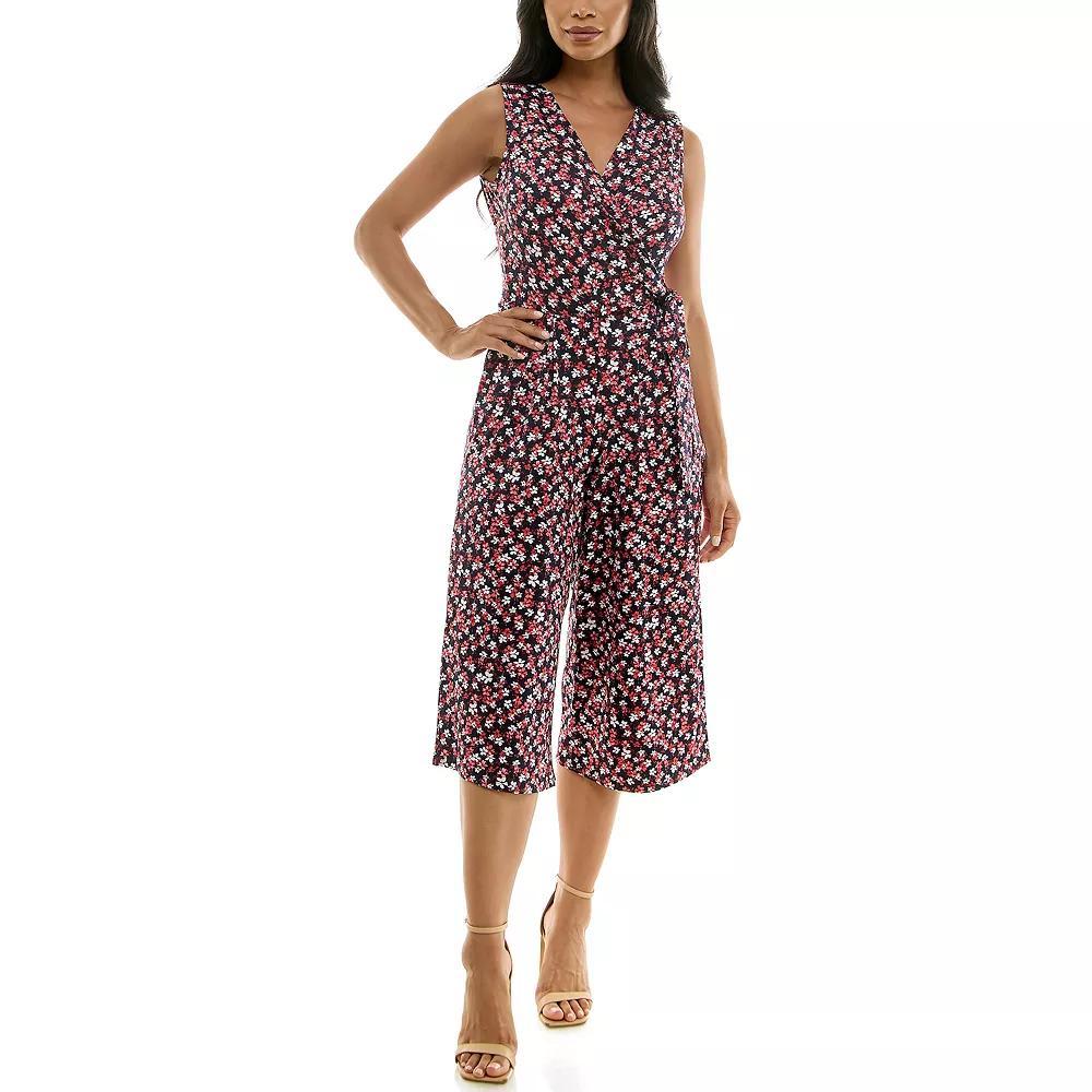 Women's Nina Leonard Print Surplice Wide-Leg Jumpsuit, Size: Medium, Blue Red Team Product Image