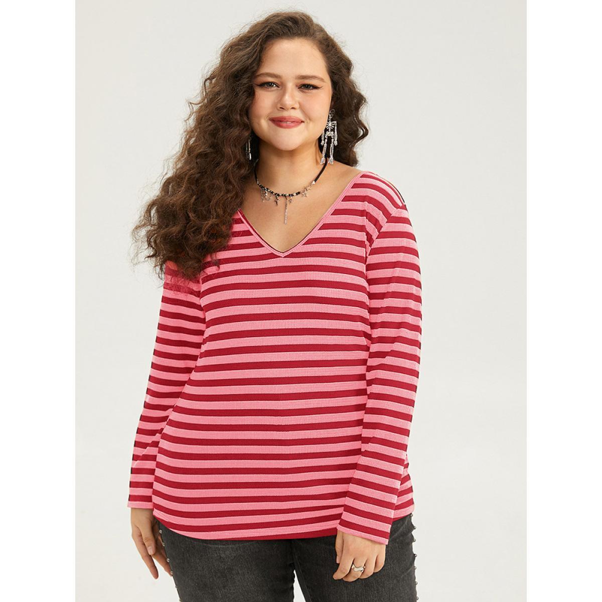 Plus Size Halloween V Neck Contrast Striped T-shirt Red Women Casual Contrast Striped V-neck Festival-Halloween T-shirts BloomChic 14-16/1X Product Image