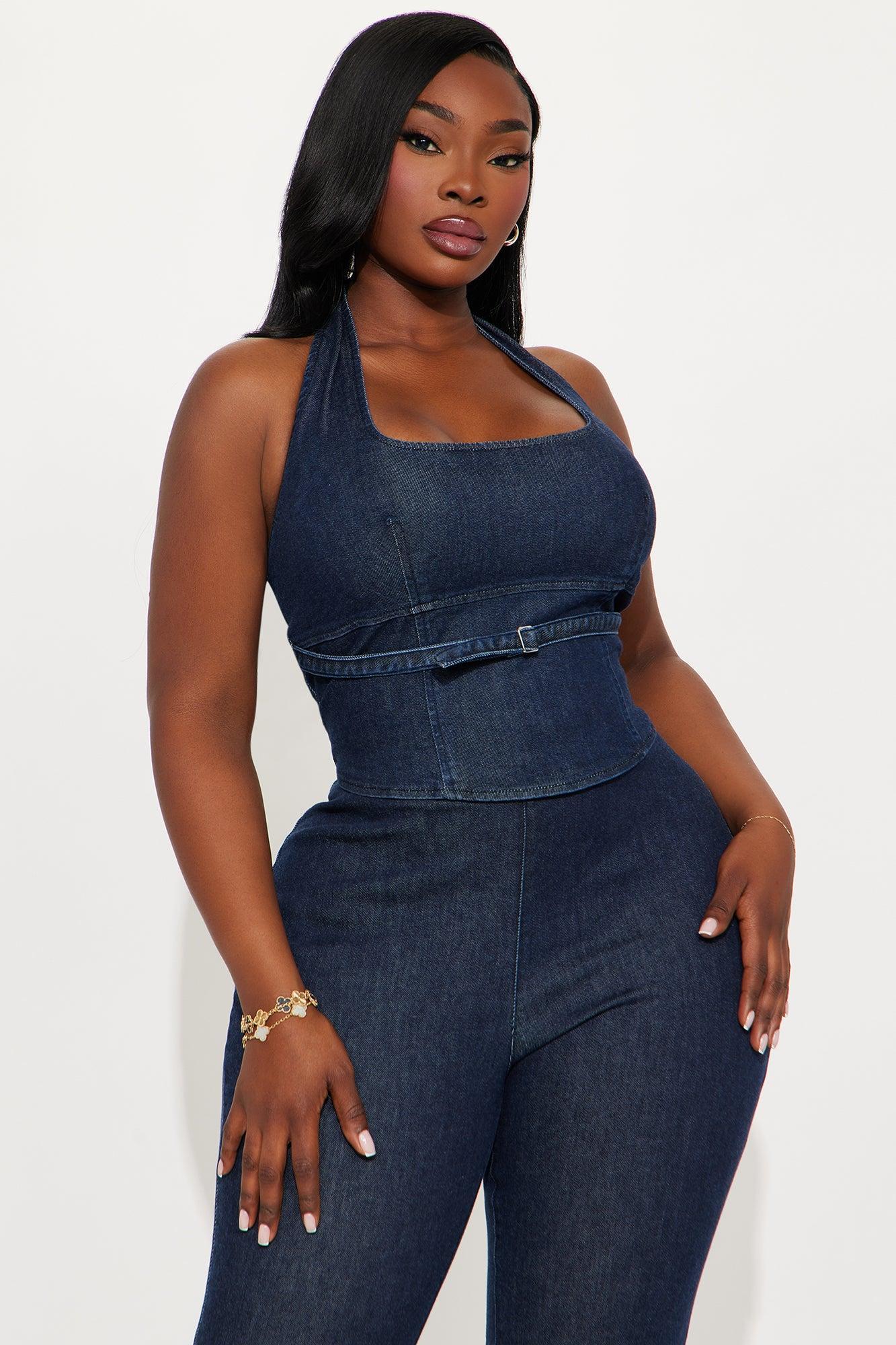 Andrea Halter And Flare Leg Pant Set - Dark Wash Product Image