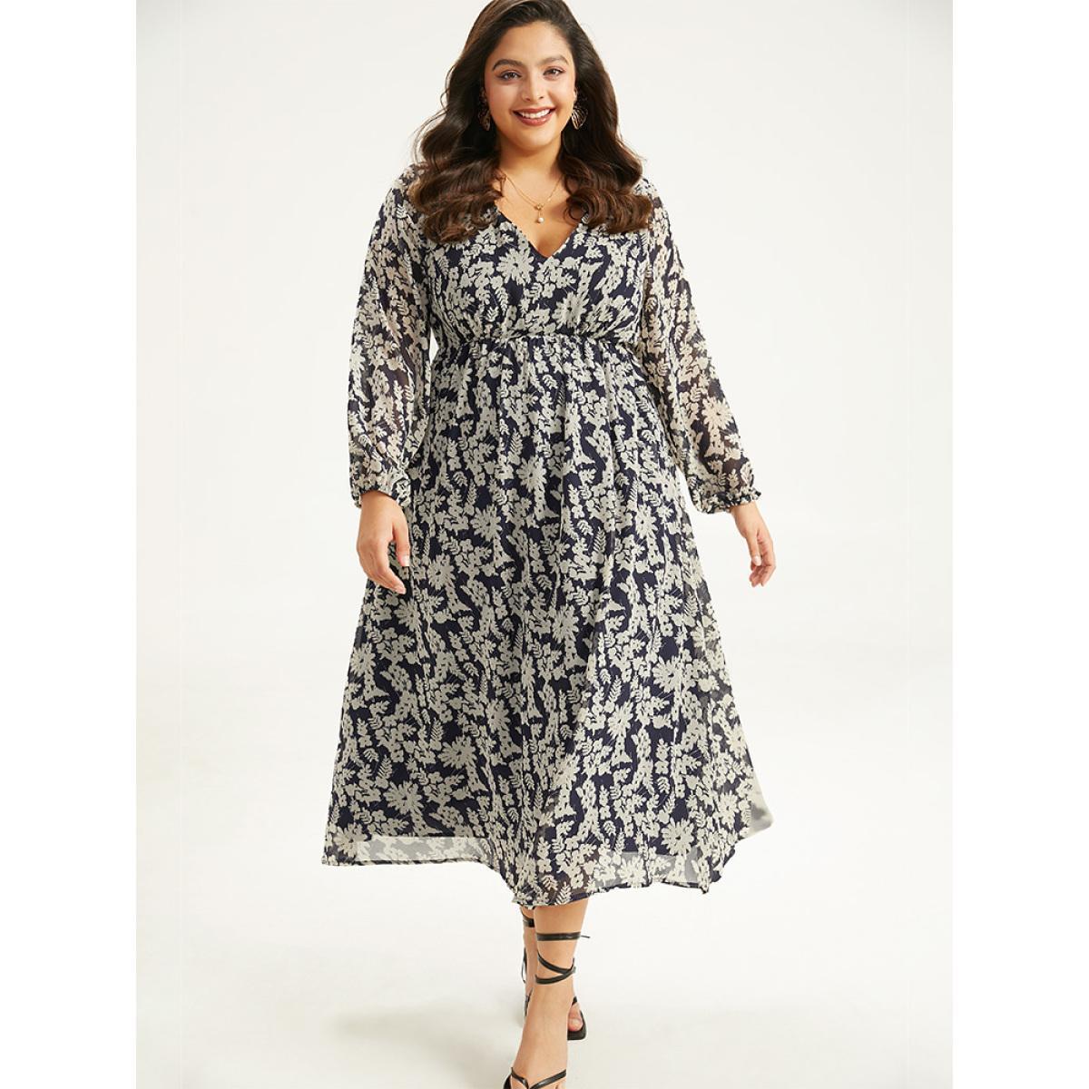 Plus Size Silhouette Floral Print Lantern Sleeve Dress DarkBlue Women Elegant Elastic cuffs V-neck Long Sleeve Curvy Midi Dress BloomChic 12/L Product Image