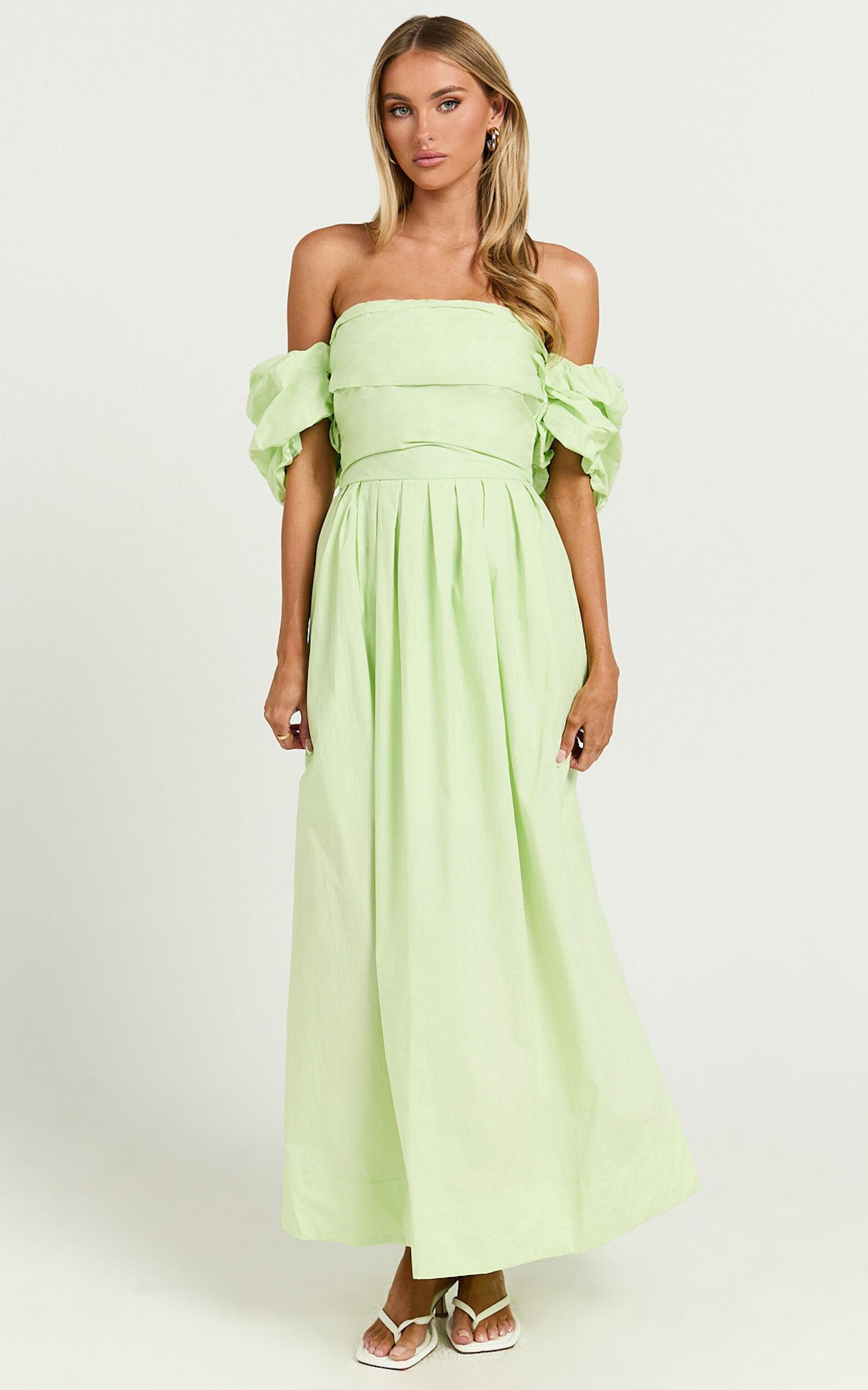 Annie Midi Dress - Off The Shoulder Ruffle Sleeve Pleated Dress in Lime Product Image