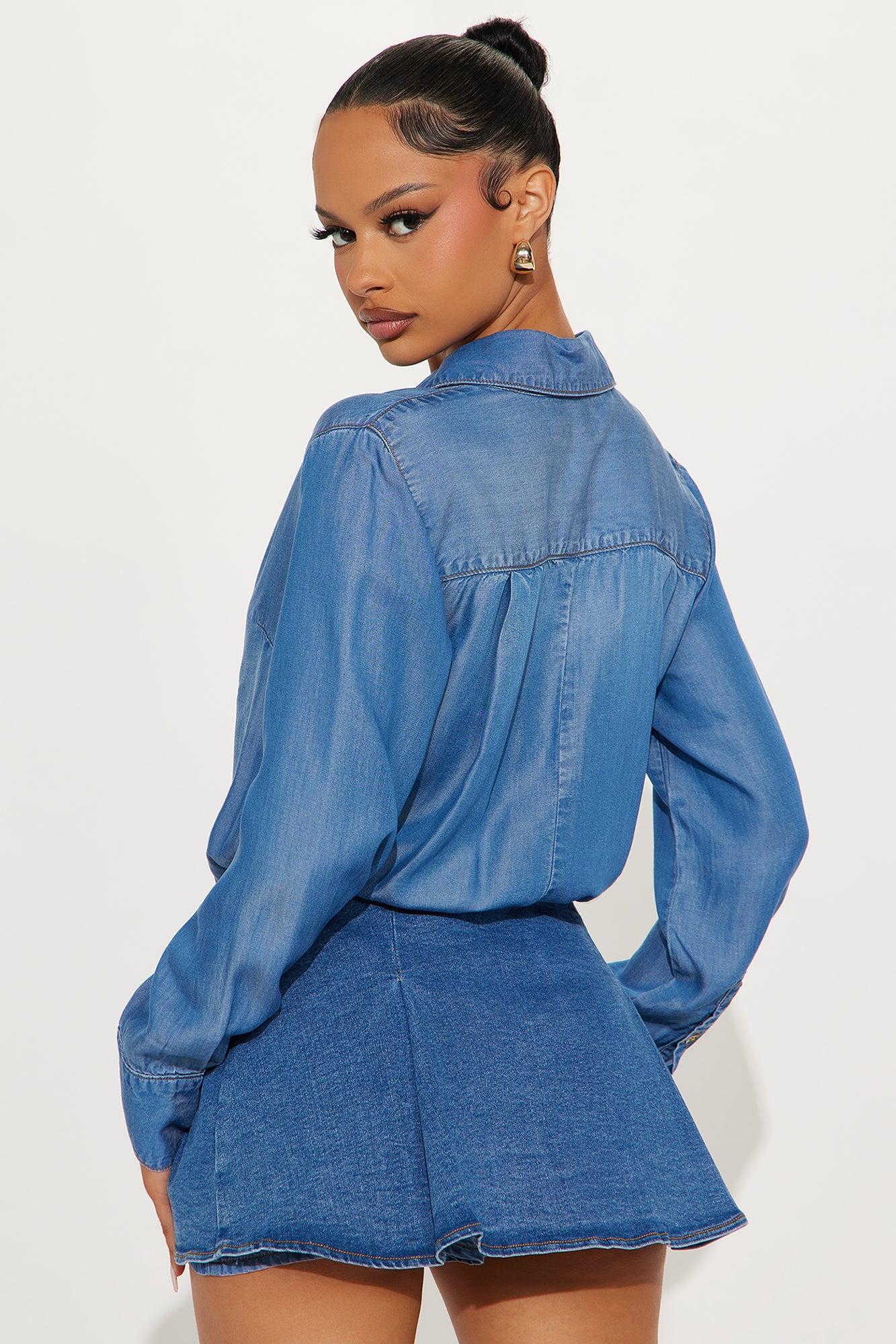 Rebel Long Sleeve Romper - Medium Wash Product Image