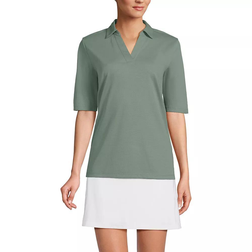 Women's Lands' End Performance Elbow Sleeve Pique Polo Top, Size: Medium, Black Product Image