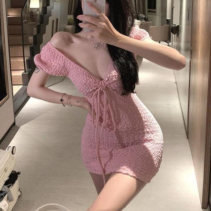 Short Sleeve V-Neck Plain Tie Front Mini Sheath Dress Product Image